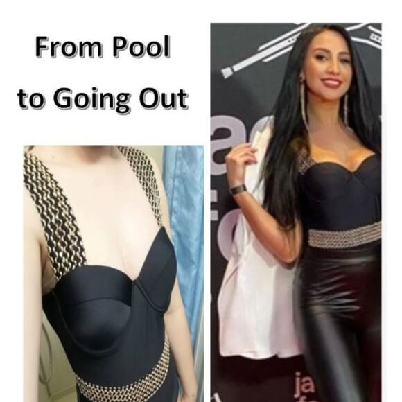 Black Push Up One Piece Swimsuit Sz XL Gold Sequin Wide Strap PUSHUP Padded Luxe - Picture 14 of 16